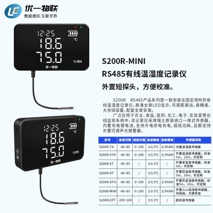 S200R-MINI RS485有線(xiàn)短探頭溫濕度記錄儀